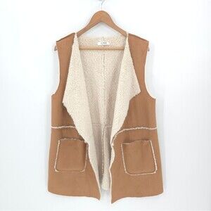 Penny Lane Sherpa Faux Suede Vest Open Front Longline Pockets Large
